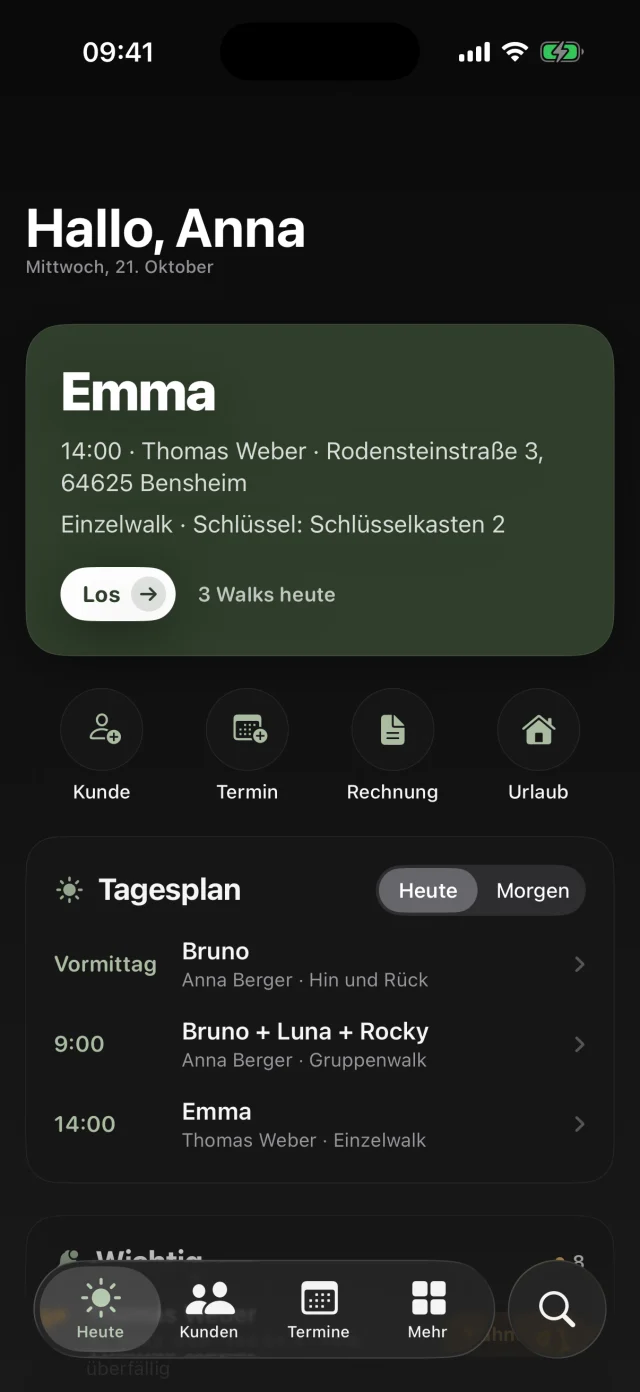 Der gleiche Heute-Bildschirm im dunklen Modus.