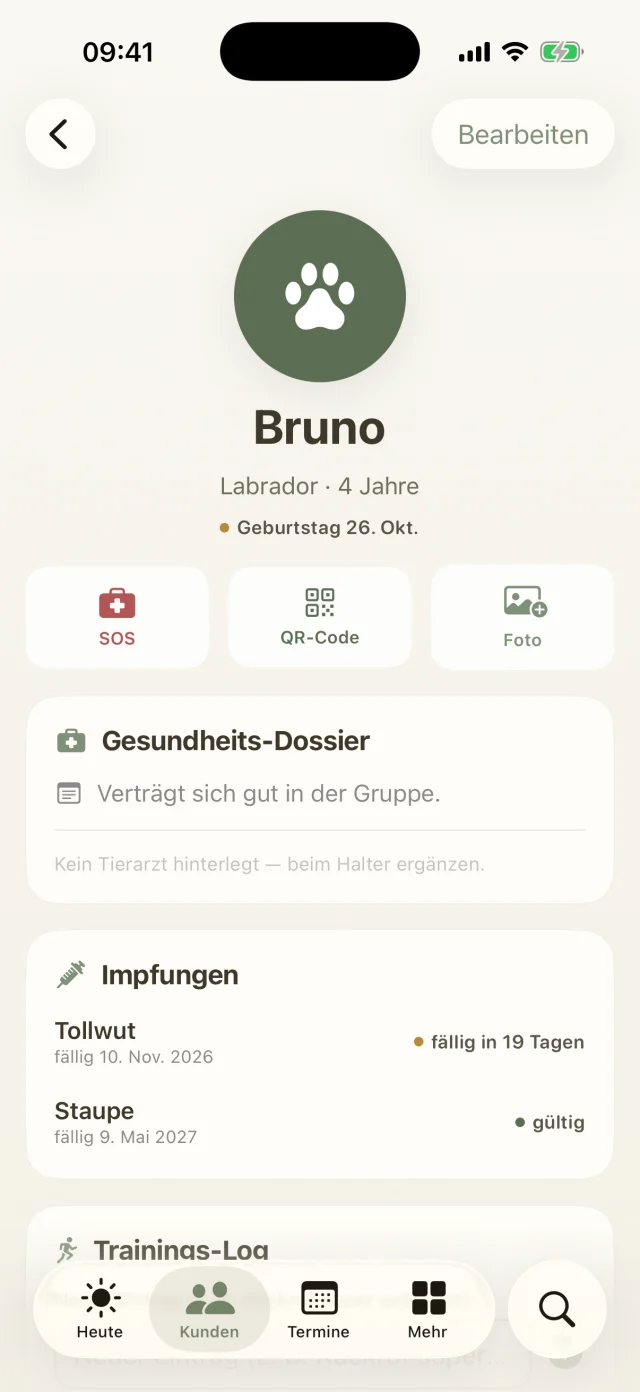 Hundeprofil von Bruno mit Gesundheits-Dossier und Impfungen mit Fälligkeit.