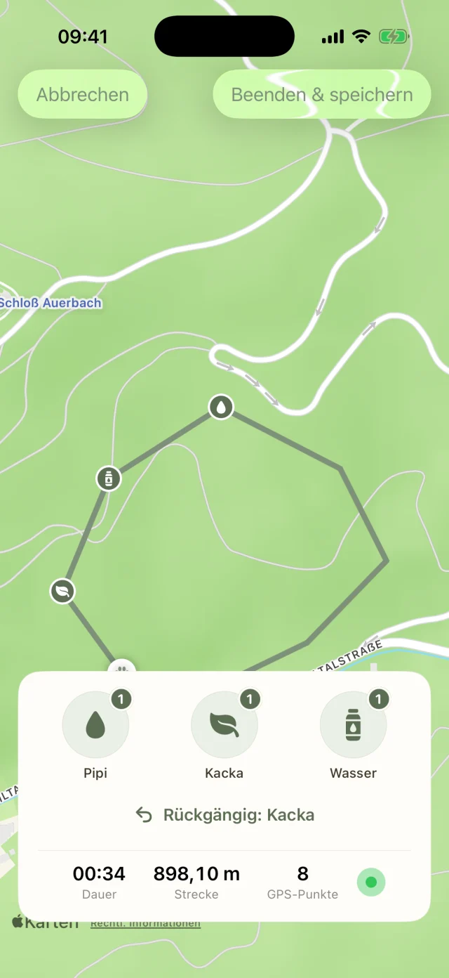 Live-Walk mit GPS-Route auf der Karte und Markierungen für Pipi, Kacka und Wasser.