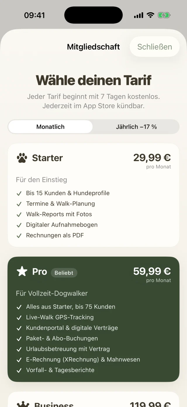 Tarifauswahl in der App mit Starter, Pro und Business.