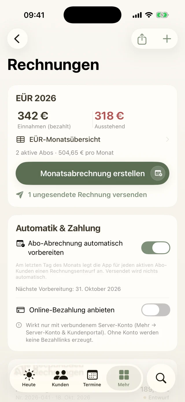 Rechnungen in Dog Walkers: Einnahmen, offene Beträge, Monatsabrechnung und Abo-Automatik.