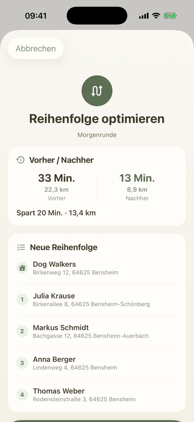 Reihenfolge optimieren: vorher eine Stunde und eine Minute, nachher 54 Minuten Fahrzeit.