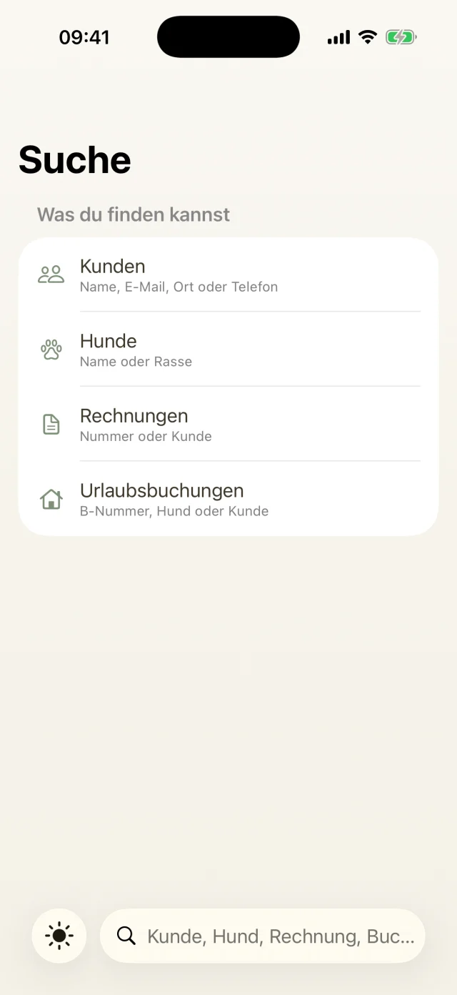 Globale Suche über Kunden, Hunde, Rechnungen und Urlaubsbuchungen.