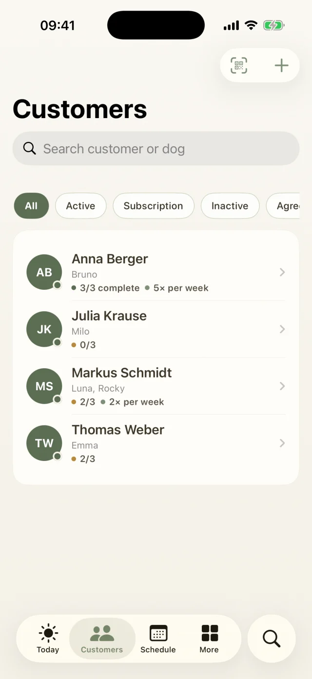 Client list with search, filters and document status for each client.