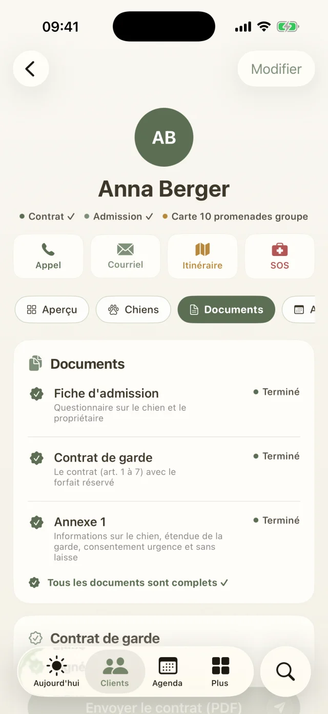 Documents du profil client : fiche d'accueil, contrat de garde et annexe 1 sont complétés.