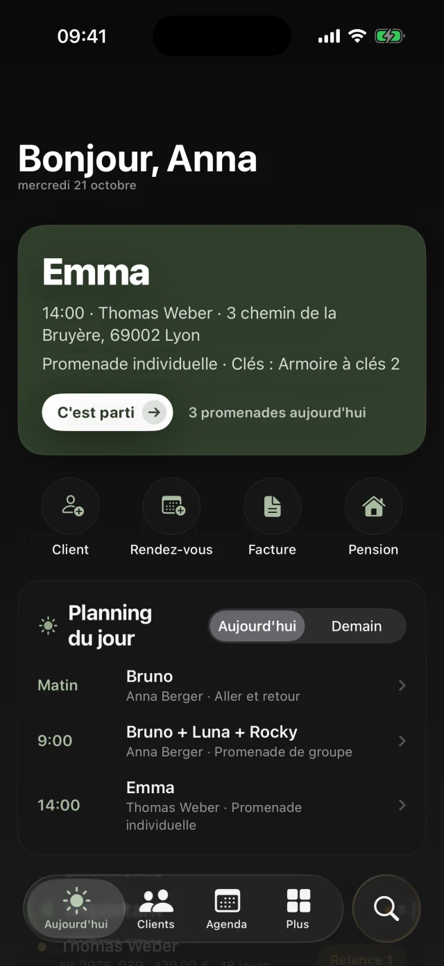 Le même écran Aujourd'hui en mode sombre.