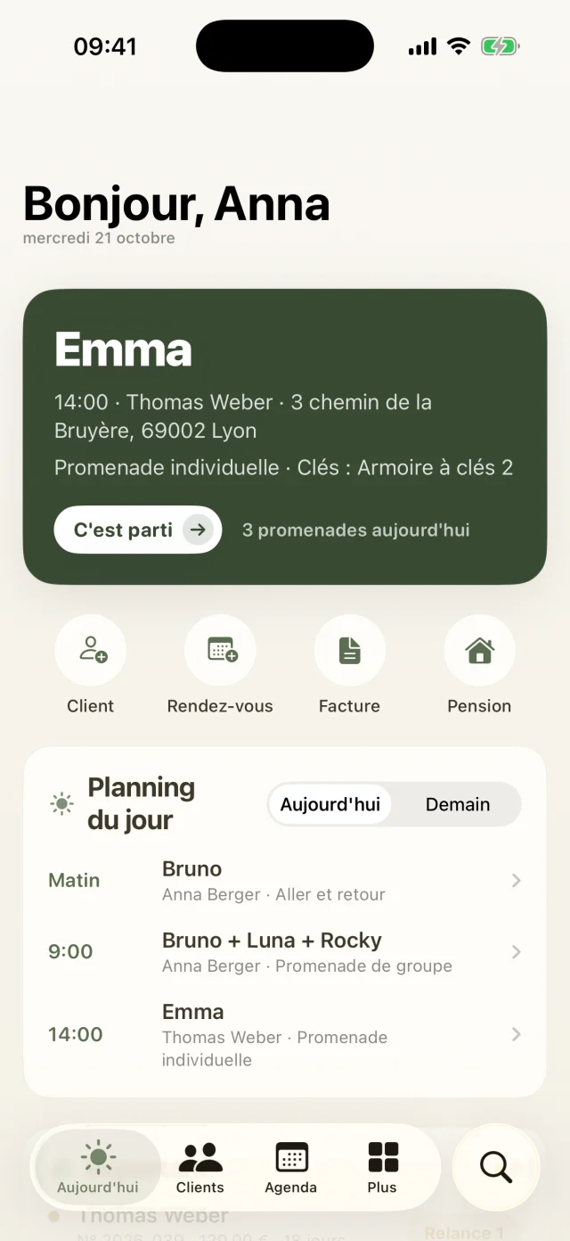 Écran Aujourd'hui avec le planning du jour et les points importants.