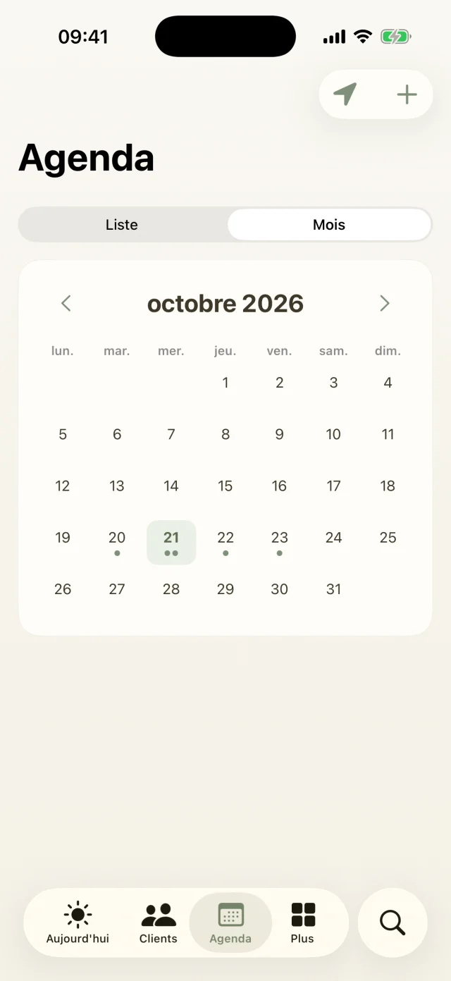 Calendrier mensuel avec les jours marqués.