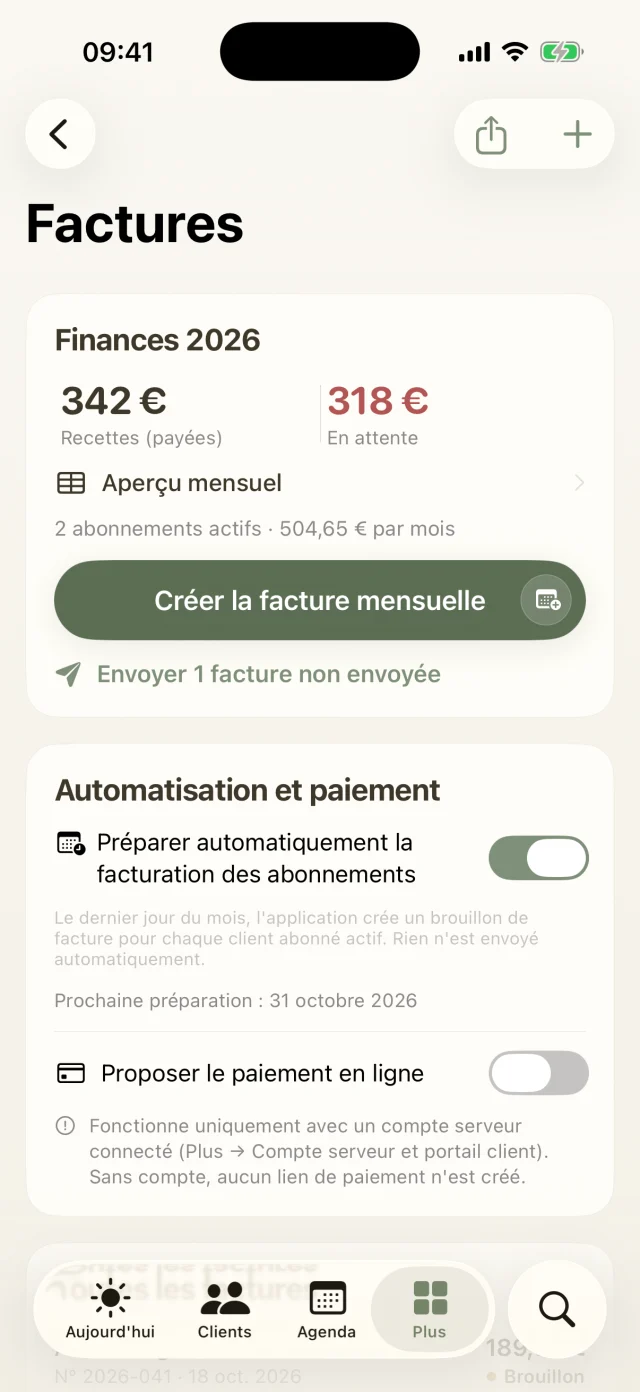 Factures avec livre des recettes, facturation mensuelle et réglages d'automatisation.