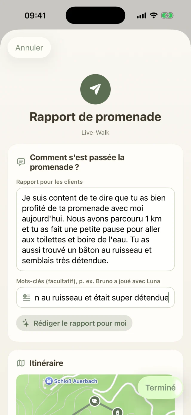 Compte rendu de balade rédigé automatiquement à partir de notes, de la météo et des marqueurs.