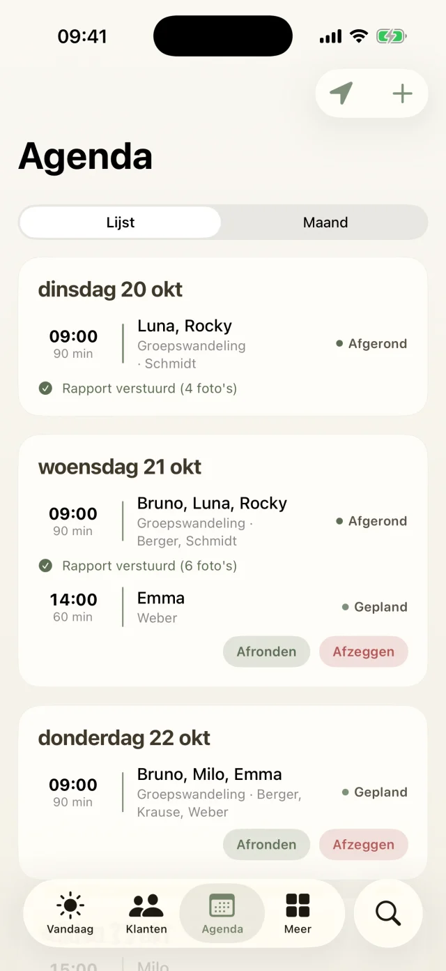 Afspraken gesorteerd op dag, met afronden en afzeggen.