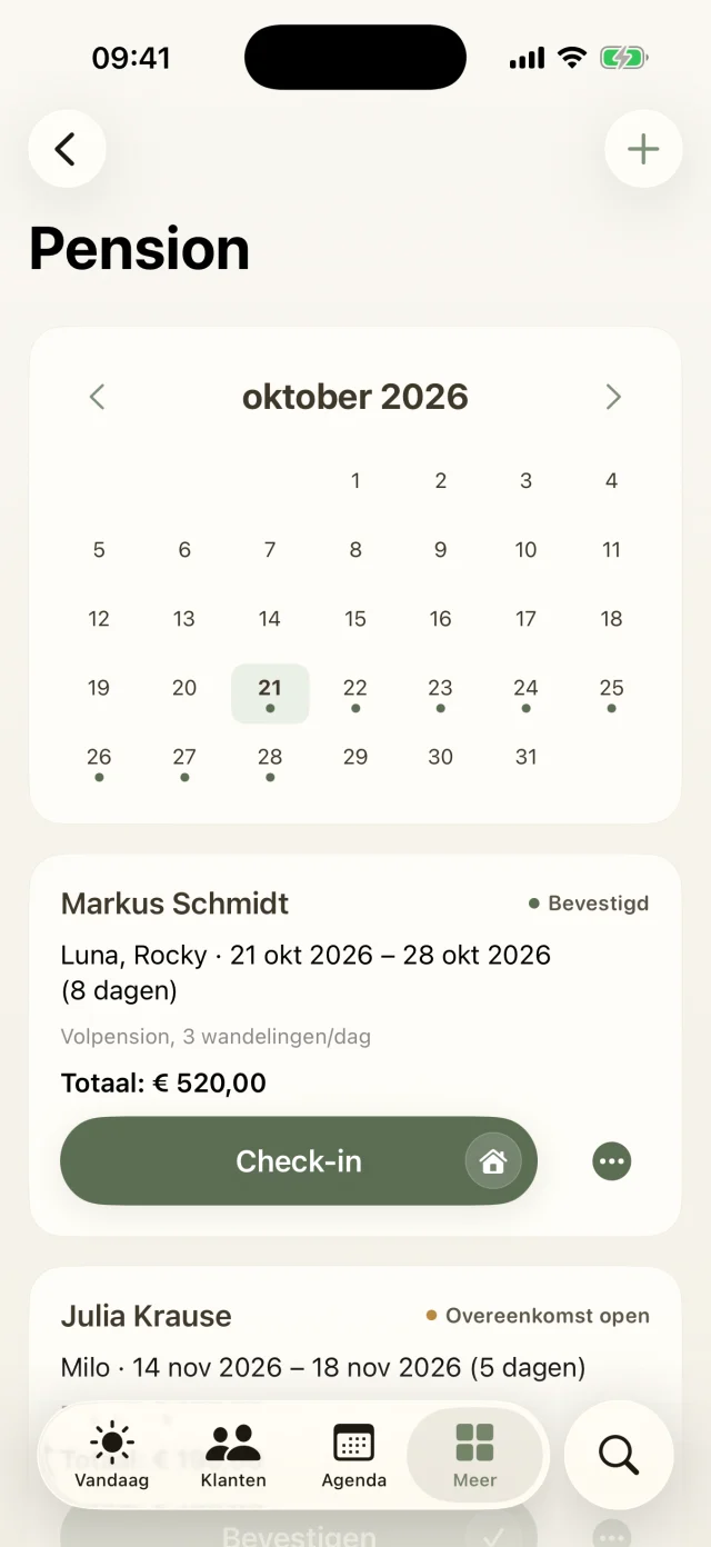 Vakantieopvang met bezettingskalender en boekingskaarten met check-in.