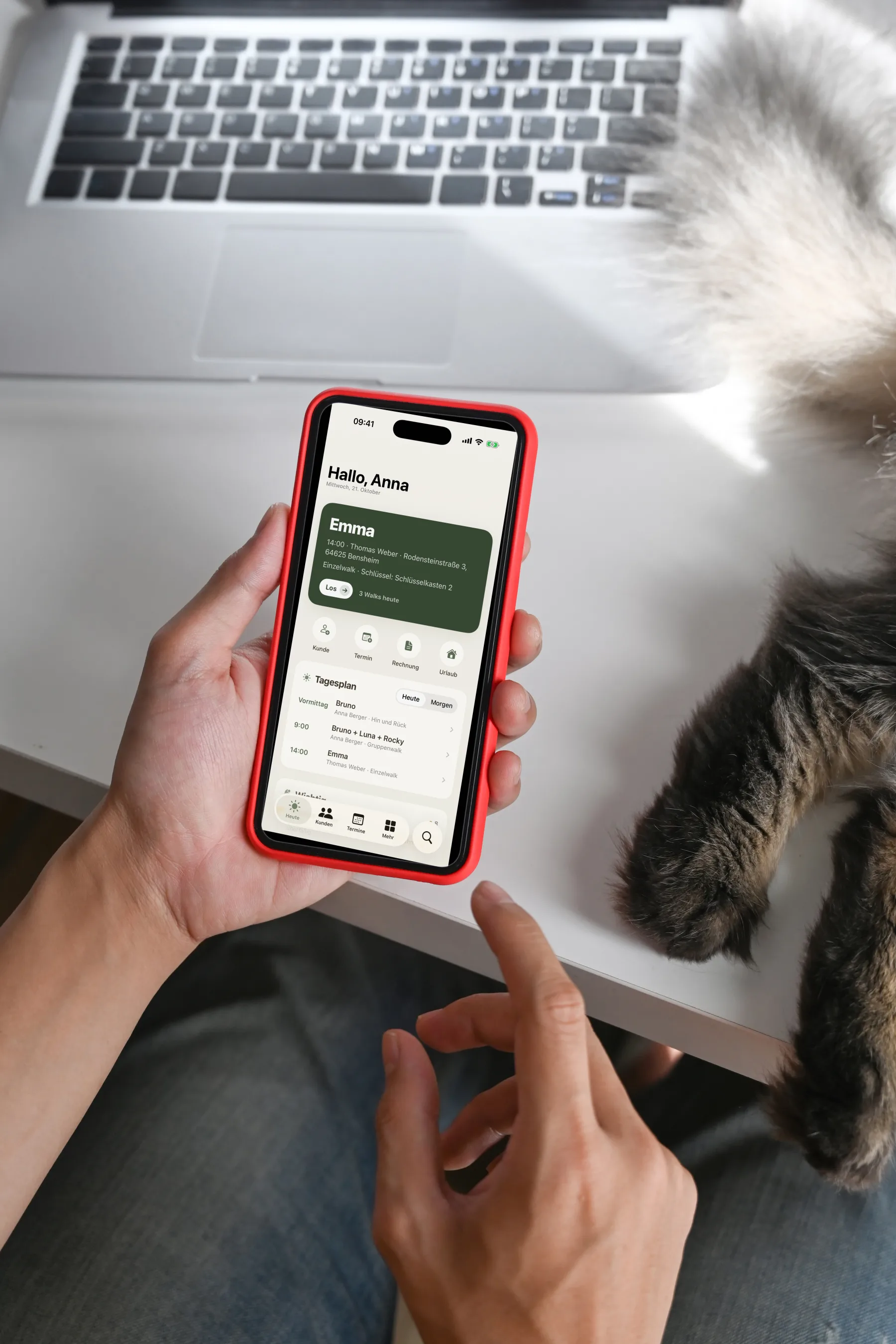 Hände halten ein iPhone mit dem Heute-Bildschirm von Dog Walkers, daneben ein Laptop und die Pfoten einer Katze.